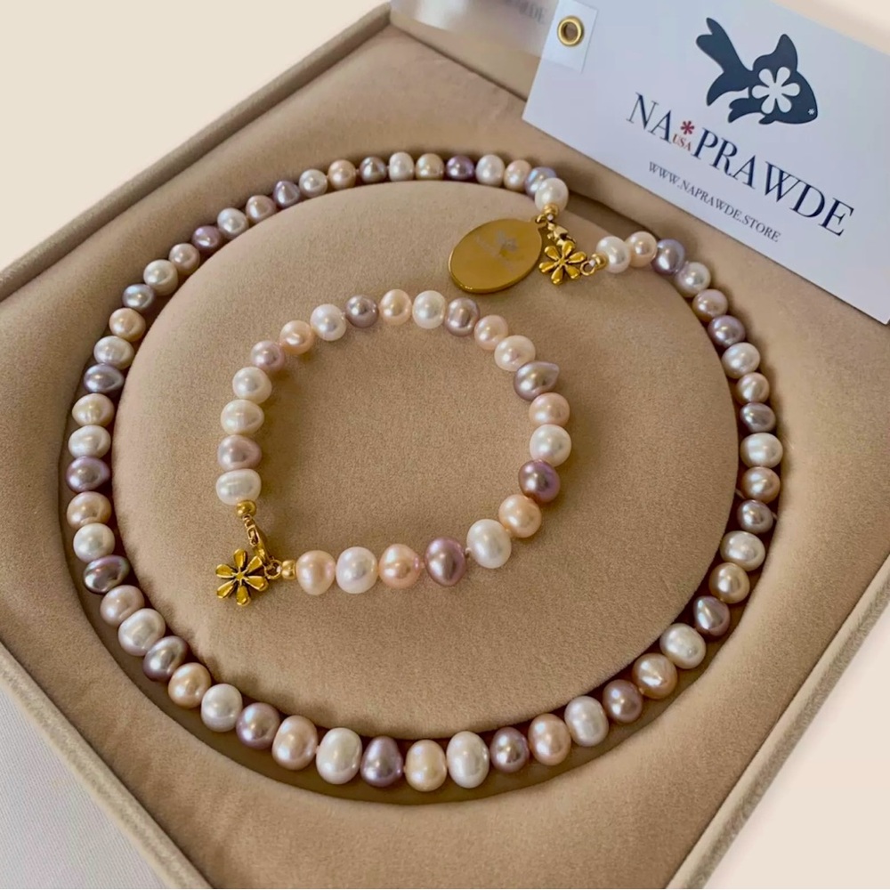 NA*PRAWDE genuine pearl necklace set Potato Shape 8mm AAA Grade-new With Tag